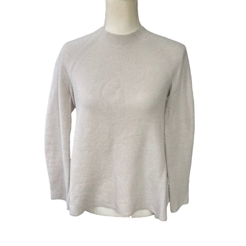 Vince 100% Cashmere Mock Neck Ribbed Sweater Light Grey/Oatmeal Size XS
